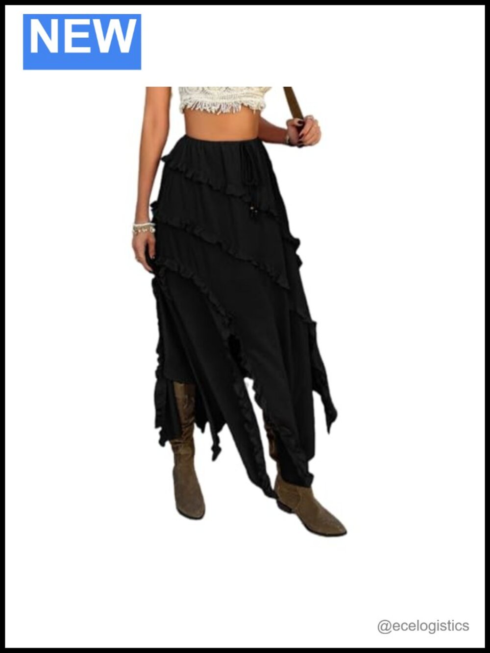 Women's High Waist Split Ruffle Midi Skirt Asymmetrical Drawstring Flowy